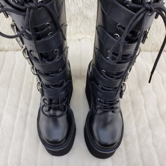 Swing 220 Multi Buckle Black Matte Leatherette Goth Mid-Calf Boot 5.5" Platforms - Picture 7 of 13